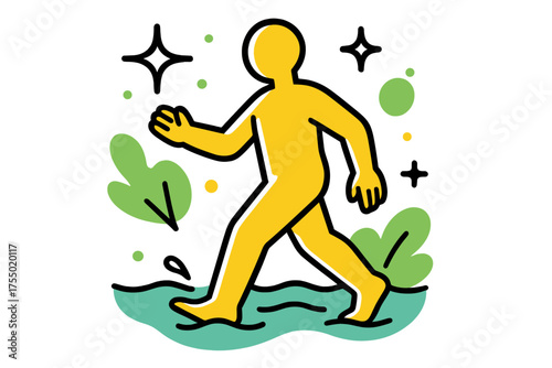 Aqua Therapy Glow. Aqua Therapy. A glowing individual walking through shallow water, abstract floating spark and star icons symbolizing rehabilitation and