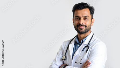 Confident Indian physician wearing a white coat and stethoscope, arms crossed, ideal for healthcare advertising and medical content.