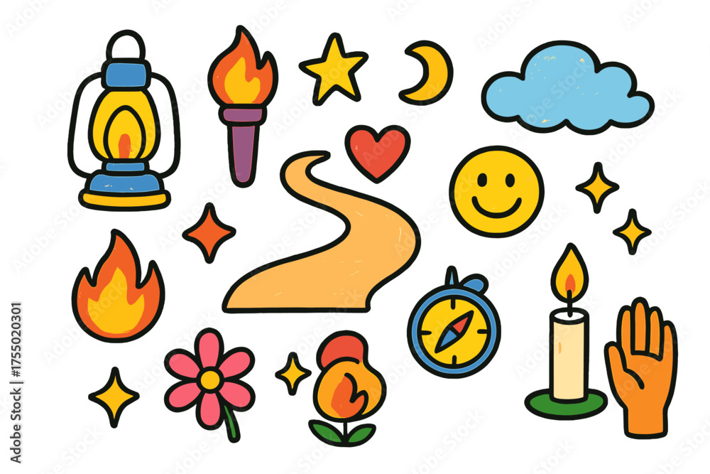 Fototapeta premium Glowing Path of Symbols. Shining Path. Colorful Hand-drawn doodle Children illustration glowing lantern, torch, star, moon, compass, path, heart, smiley face,