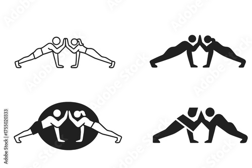 Partner Exercise Logos. A couple doing partner exercises, motivating and supporting each other. Set Logo of A couple doing partner exercises, motivating and