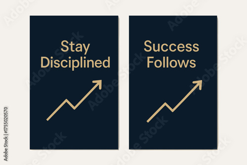 Navy and Gold Banners. Discipline. Two vertical A6 banners with safe margins, centered composition, no elements touching edges, modern minimal, navy and gold,