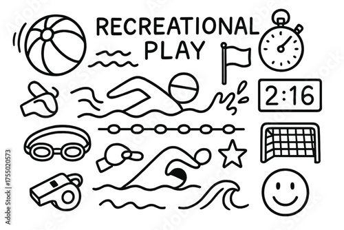 Recreational Play Doodle. Recreational play. Hand-drawn doodle illustration recreational play ball, splash, wave, pool lane, swimmer silhouette, goggles, swim