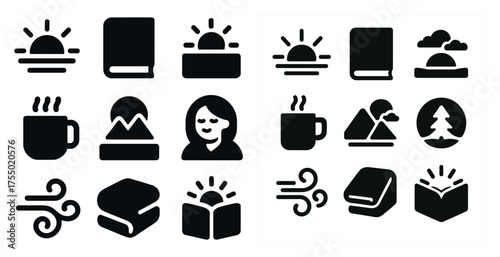 Book and coffee solid icons set – filled, silhouette, reading and relaxation symbols
