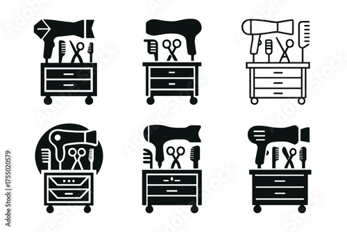 Styling Tools Logos. Blow dryer and styling tools. Set Logo of Blow dryer and styling tools: Styling station / trolley with tools. harmonious logo variations