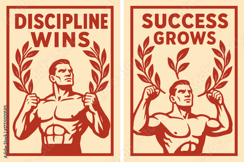 Discipline and Success Banners. Strength. Two vertical A6 banners with safe margins, centered composition, no elements touching edges, bold style, red and