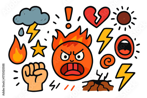 Angry Doodle Expressions. Anger. Colorful Hand-drawn doodle Children illustration angry face, fire, storm cloud, lightning bolt, broken heart, star, fist,