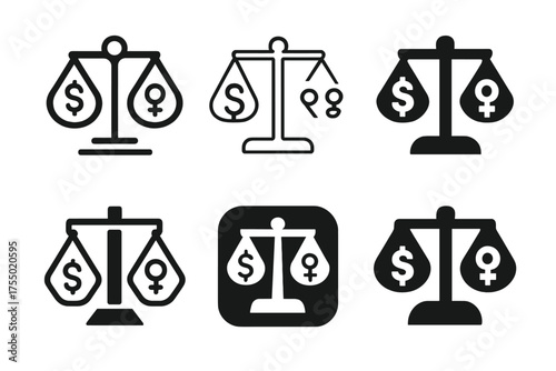Balanced Logos Display. Workplace Equality and Pay Disparity. Set Logo of Workplace Equality and Pay Disparity: money scale imbalance. harmonious