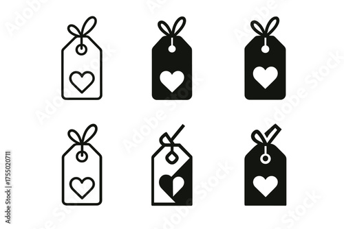 Gift Tag Logos. Gift wrapping. Set Logo of Gift wrapping: Gift tag tied with twine and heart punch. harmonious logo variations of the same emblematic concept,
