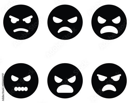 Collection of six different black angry emoji faces