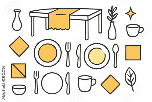 Minimalist Table Setting. Minimalist Table. Hand-drawn doodle illustration table runner (colored), plain plates (colored), cups, cutlery, napkins (colored),