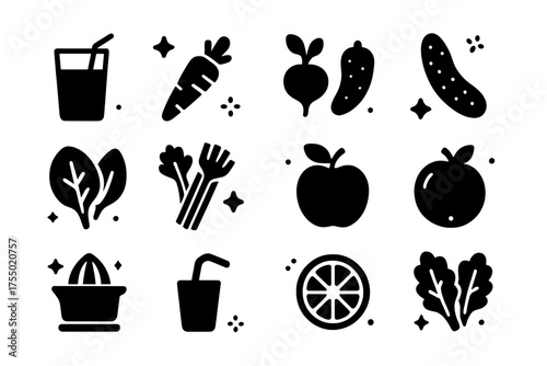 Detox Drink Icons. Detox drinks. Solid icons set of Detox drinks: glass of juice, carrot, beet, cucumber, spinach leaf, celery, apple, orange, juicer, straw,