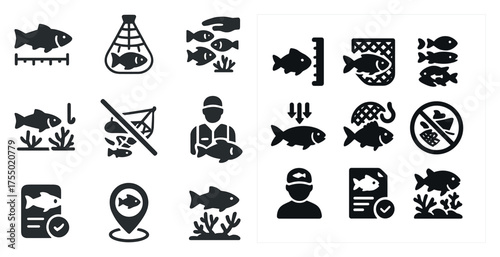 Fishing solid icons set – silhouette, filled, angling and aquatic symbols