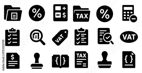 Tax and finance solid icons set – percentage, calculator, vat symbols