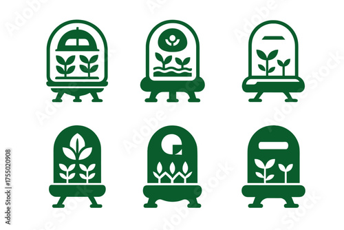 Futuristic Habitat Logos. A futuristic space habitat with living quarters, gardens, and workspaces. Set Logo of A futuristic space habitat with