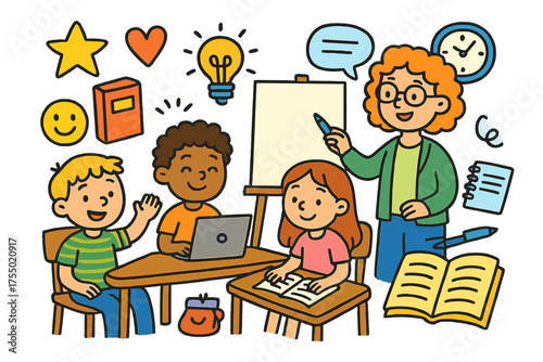 Educational Icons Doodle. Educational Discussion. Colorful Hand-drawn doodle Children illustration students, teacher, whiteboard, desk, laptop, notebook, pen,