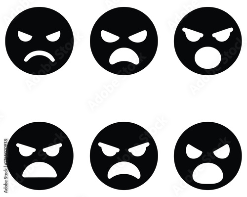 Collection of black and white angry emoticons with different expressions