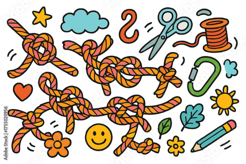 Colorful Knotted Rope Doodles. Knotted Rope. Colorful Hand-drawn doodle Children illustration rope, multiple knots, scissors, thread, hook, carabiner, star,