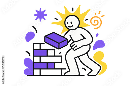Building New Beginnings. Rebuilding Life. A glowing survivor placing a brick into a wall, abstract spark and swirl icons symbolizing new beginnings. Modern