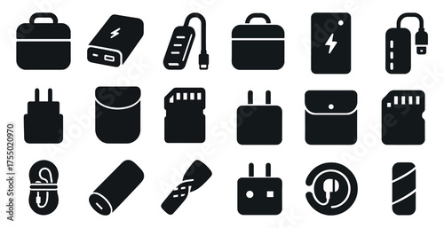 Technology and gadget solid icons set – silhouette, devices, electronic symbols