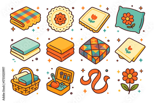 Vintage Linens Icons. Vintage Linens. Colorful isometric vector icons set of vintage linens: folded tablecloth, lace doily, embroidered napkin, pillowcase, bed