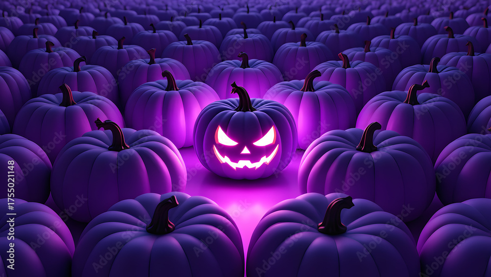 Obraz premium Glowing Evil Purple Jack-o'-Lantern Amongst a Field of Violet Pumpkins