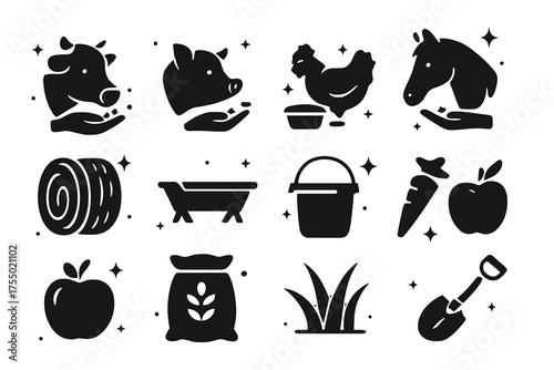 Farm Animal Icons. Feeding farm animals. Solid icons set of Feeding farm animals: cow, pig, chicken, horse, hay bale, feed trough, water bucket, carrot, apple,