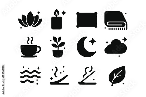Tranquil Icons Grid. Tranquil setting. Solid icons set of Tranquil setting: lotus flower, candle, pillow, blanket, tea cup, plant, moon, star, cloud, gentle