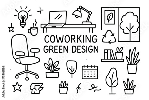 Eco-Friendly Coworking Space. Coworking spaces with green design. Hand-drawn doodle illustration coworking green office desk, chair, laptop, plant, lightbulb,