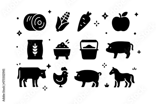 Organic Animal Feed Icons. Organic animal feed. Solid icons set of Organic animal feed: hay bale, corn, carrot, apple, grain sack, feed trough, water bucket,