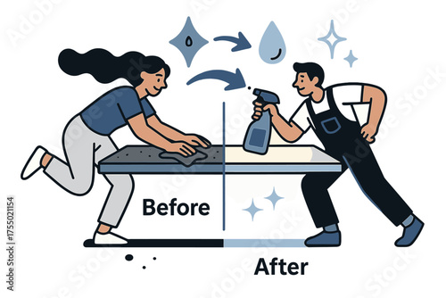 Shelf Transformation Journey. Before and after. Split glowing shelf, half thick with dust and half freshly cleaned. Floating icons of sparkle, arrow, and