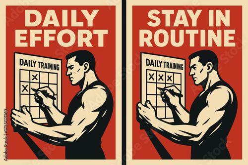 Athlete's Focused Routine. Strength. Two vertical A6 banners with safe margins, centered composition, no elements touching edges, bold style, red and beige,