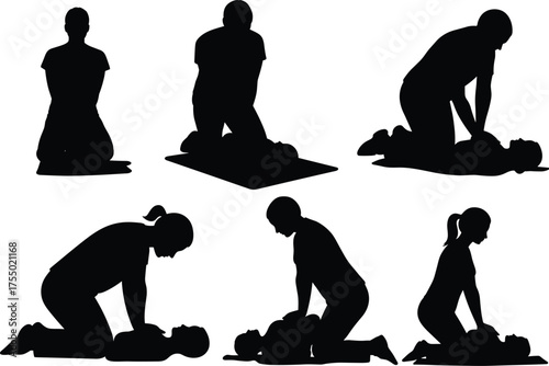 CPR silhouette illustration, chest compression emergency technique, lifesaving first aid training, healthcare support, resuscitation concept medical design