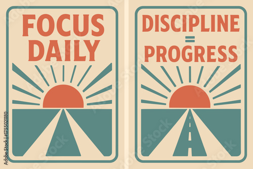 Retro Motivation Banners. Mindset. Two vertical A6 banners with safe margins, centered composition, no elements touching edges, retro style, coral and teal,
