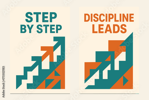 Discipline Steps Upward. Determination. Two vertical A6 banners with safe margins, centered composition, no elements touching edges, geometric style, turquoise