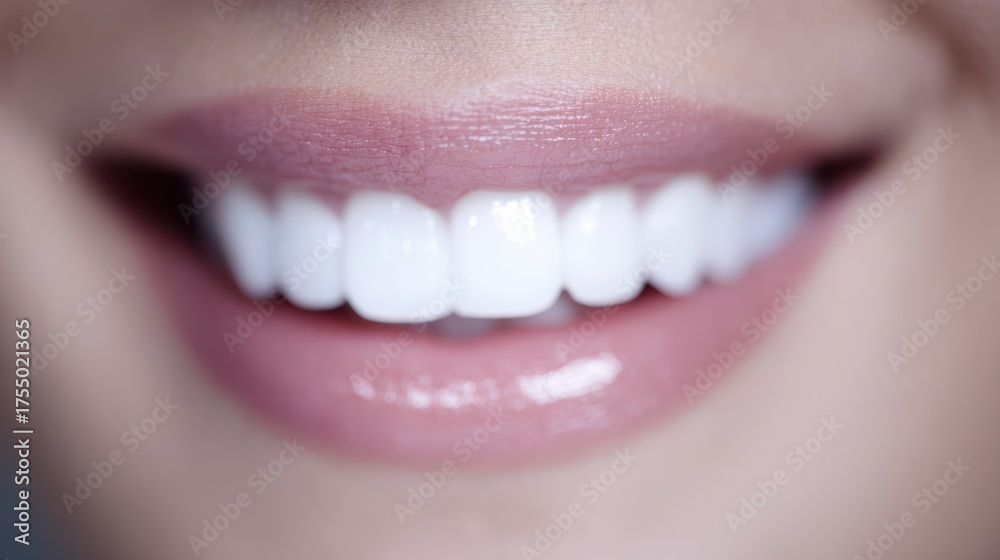 Obraz premium Happy woman mouth, confident smile revealing a perfectly integrated dental implant. Bright, healthy gums and natural-looking teeth.