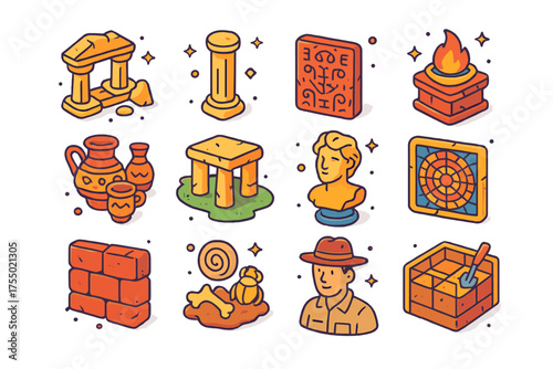Ancient Civilization Icons. Ancient civilization. Colorful isometric vector icons set of ancient civilization: temple ruins, stone column, carvings, altar,