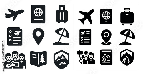 Travel and tourism solid icons set – filled symbols for vacation and trip planning