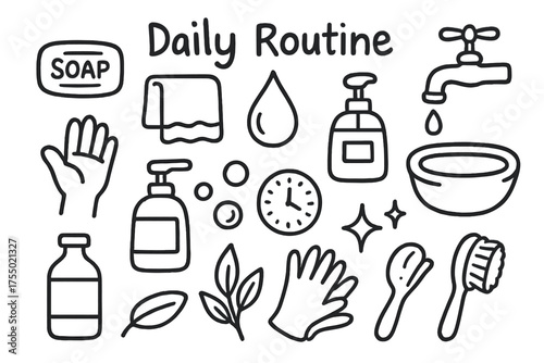 Daily Hygiene Doodle. Daily routine. Hand-drawn doodle illustration daily routine soap bar, towel, water droplet, faucet, sink, hand, soap dispenser, bubbles,