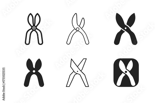 Pruning Shears Logos. Gardening tools. Set Logo of Gardening tools: pruning shears. harmonious logo variations of the same emblematic concept, each with