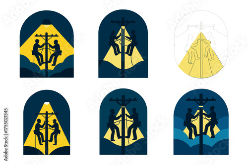 Power Line Repair Logos. Electrical line installers repairing power lines. Set Logo of Electrical line installers repairing power lines: crew working at night