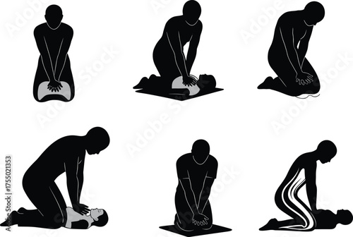 CPR silhouette illustration, chest compression techniques for adults, children, and infants, emergency first aid, healthcare training design