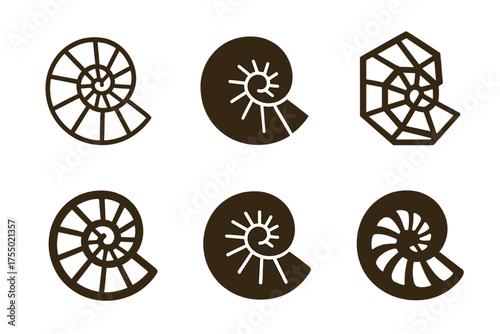 Fossil Logo Variations. Fossil hunting and paleontology enthusiasts. Set Logo of Fossil hunting and paleontology enthusiasts: ammonite fossil. harmonious logo