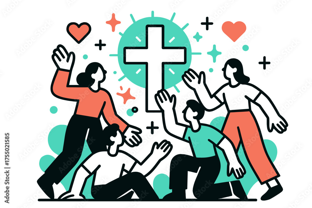 Fototapeta premium Glowing Unity Cross. Community Faith. A glowing cross surrounded by people silhouettes, abstract floating spark and heart icons symbolizing unity. Modern