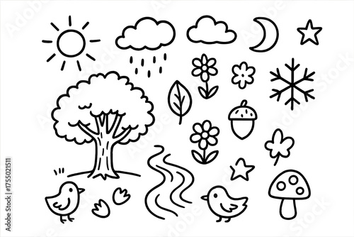 Seasonal Changes Doodle. Seasonal changes. Hand-drawn doodle illustration seasonal changes tree, sun, cloud, snowflake, raindrop, leaf, flower, acorn, star,