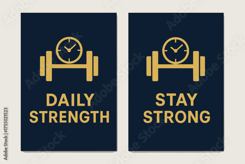 Minimal Strength Banners. Discipline. Two vertical A6 banners with safe margins, centered composition, no elements touching edges, modern minimal, navy and