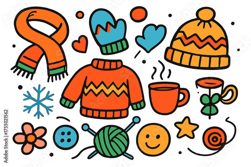 Cozy Winter Icons. Warm Accessories. Colorful Hand-drawn doodle Children illustration scarf, mitten, hat, sweater, yarn ball, knitting needles, snowflake,