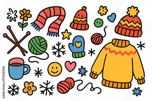 Colorful Winter Crafts. Winter Craft. Colorful Hand-drawn doodle Children illustration yarn ball, scarf, mitten, hat, knitting needles, snowflake, heart, star,