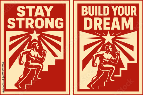 Climbing to Success. Strength. Two vertical A6 banners with safe margins, centered composition, no elements touching edges, bold style, red and beige, athlete