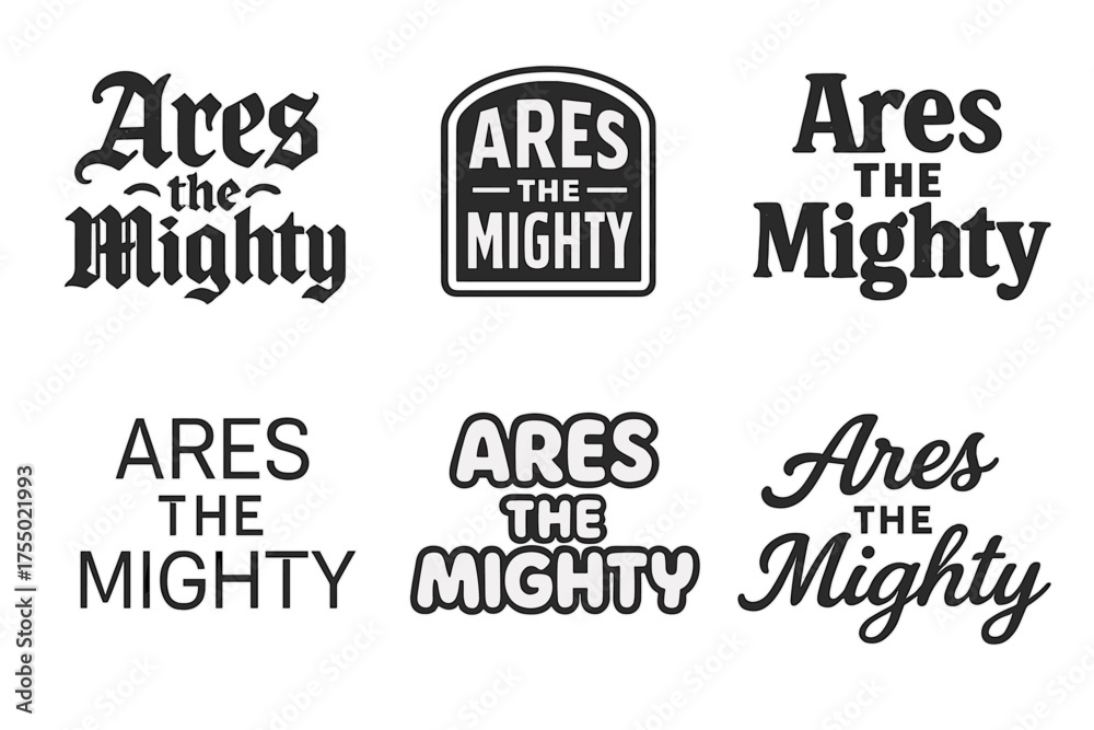 Fototapeta premium Ares Lettering Variations. Ares the Mighty. Set lettering. harmonious lettering variations of the same emblematic concept (Gothic-inspired decorative type,