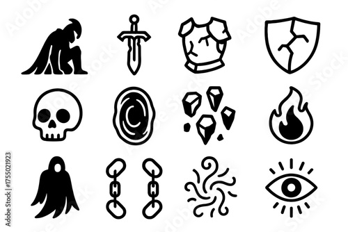 Fallen Warrior Icons. Fallen warrior. Line icon set of Fallen warrior: dark knight silhouette, cursed sword, shattered armor, cracked shield, skull, void